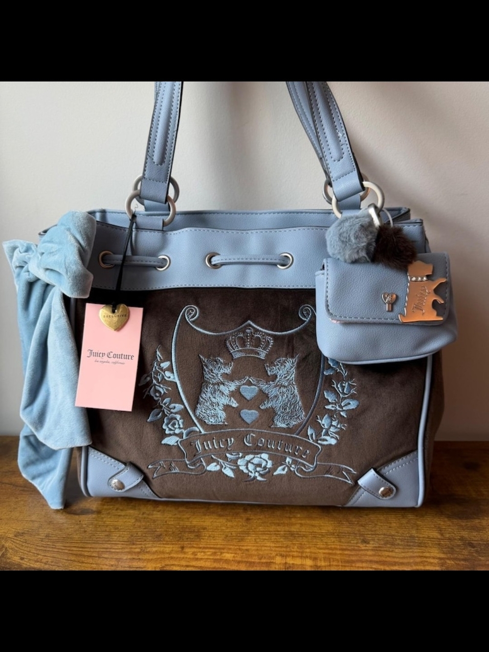 Juicy Couture Blue & Brown Embroidered Tote Bag